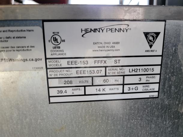 Henny Penny cooking appliance label, Model EEE-153, Serial LH2110015. 208V, 39.4A, 14KW. Made in USA, UL listed.