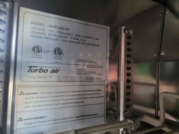 Turbo Air MUR-24S-N6 label showing model info, ETL certifications, voltage, refrigerant type, and safety warnings.