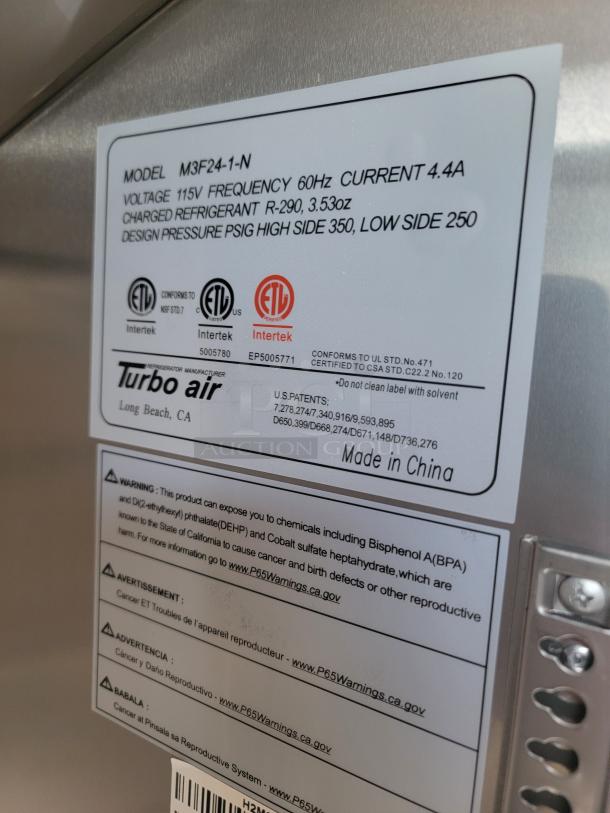 Turbo Air model M3F24-1-N label, voltage 115V, frequency 60Hz, current 4.4A, R-290 refrigerant, warnings included.