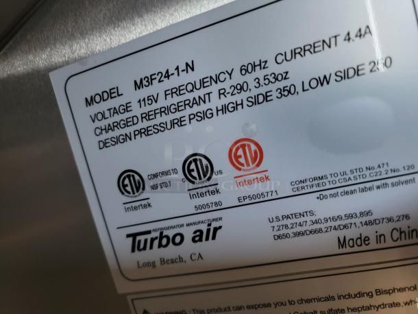 Turbo Air model M3F24-1-N label showing specifications: 115V, 60Hz, 4.4A, R-290 refrigerant. ETL listed, conforms to NSF. Made in China.
