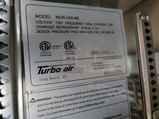 Label on Turbo Air refrigerator model MUR-24S-N6. Voltage: 115V, 60Hz, Refrigerant: R-600a, Made in China.