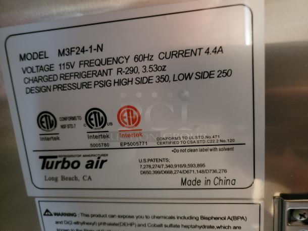 Turbo Air M3F24-1-N label showing model specs, 115V, R-290 refrigerant, UL and NSF certified, made in China.