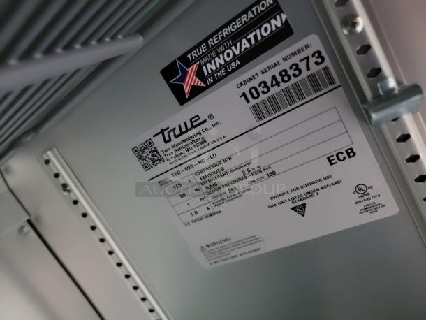 True Refrigeration unit label, model TSD-09G-HC~LD. Cabinet serial 10348373. Made in USA. Suitable for outdoor use.