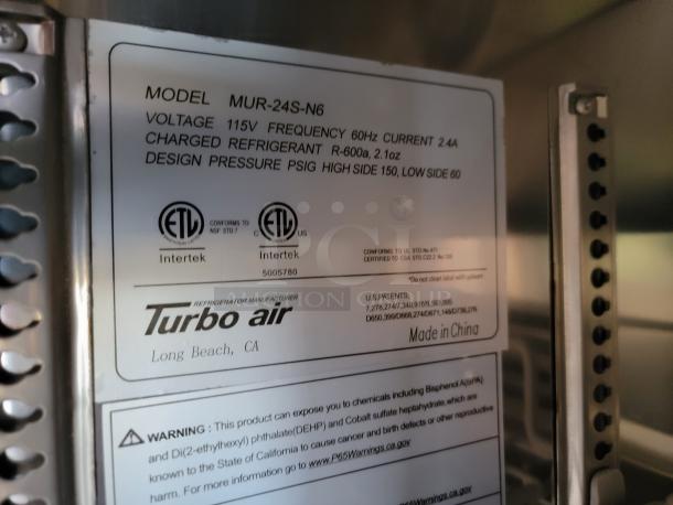 Turbo Air refrigerator model MUR-24S-N6 label showing specifications and safety warnings. Made in China.