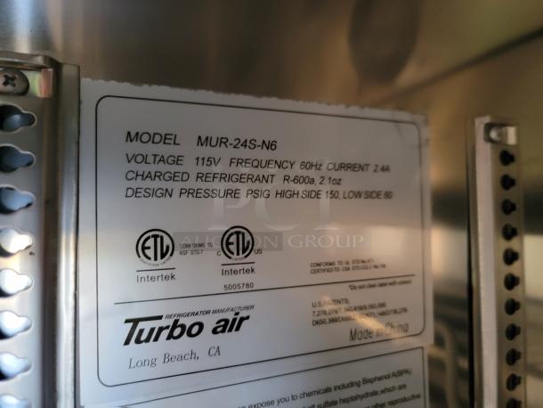 Turbo Air refrigerator label, Model MUR-24S-N6, 115V, 60Hz, R-600a refrigerant, ETL certified, made in China.