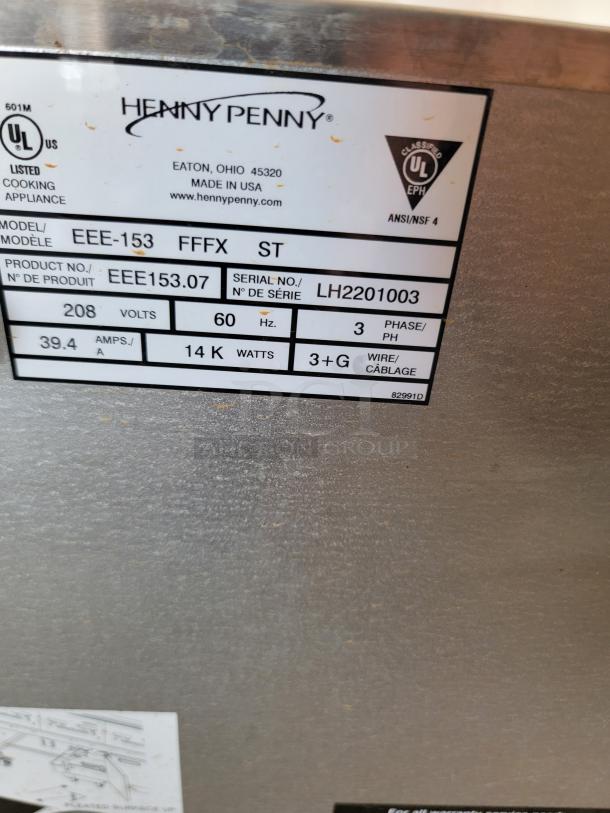 Henny Penny model EEE-153 FFFX ST label; 208V, 60Hz, 3 phase, 14kW, UL listed; serial LH2201003. Made in USA.