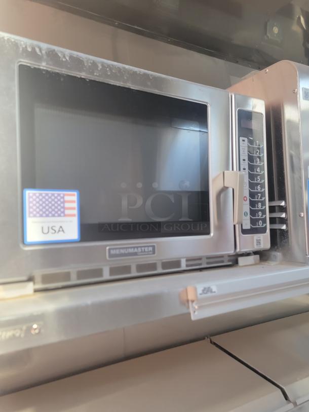 Menumaster commercial microwave oven, stainless steel, keypad controls, Made in USA label, used condition.