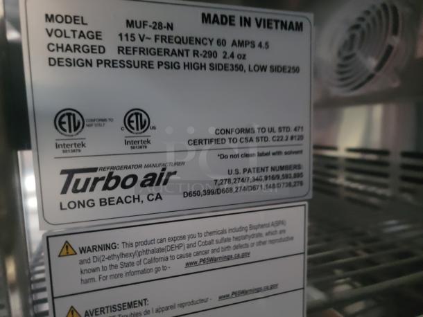 Turbo Air refrigerator label showing model MUF-28-N, 115V, 60Hz, R-290 refrigerant. Made in Vietnam, certified by ETL.
