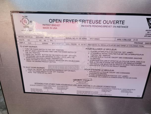 Commercial open fryer label with model EEG-253. UL listed, made in USA, patent pending. Instructions in English and French.