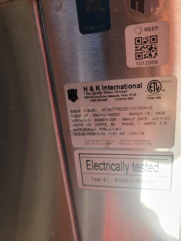 H&K International 34" meat freezer label showing specs: propane refrigerant R290, volts 120, electrically tested.