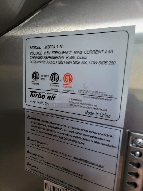 Turbo Air Model M3F24-1-N refrigeration unit label showing specs: 115V, 60Hz, 4.4A, R-290 refrigerant, made in China.