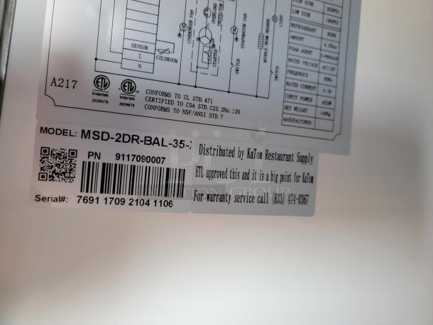 Model label of commercial appliance MSD-2DR-BAL-35, includes ETL certification, PN 9117090007, and serial number for warranty.