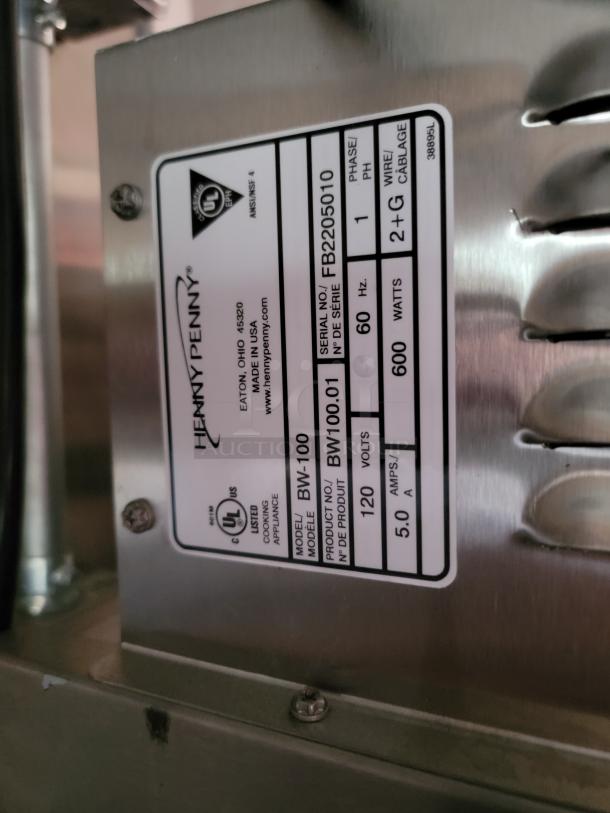 Henny Penny BW-100, industrial cooking appliance, 600 watts, serial FB2205010, 120 volts, CSA and UL certified.