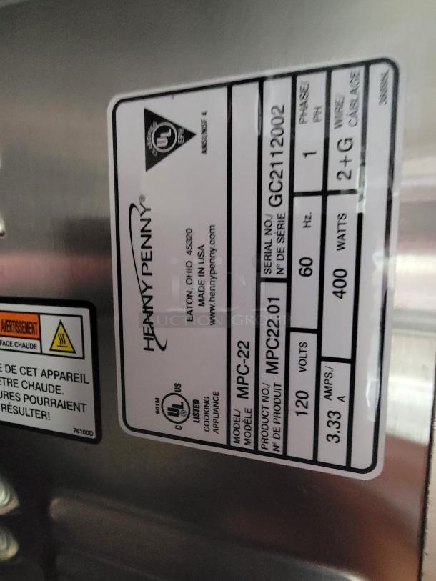 Henny Penny cooking appliance label, Model MPC-22, Serial GC2112002, 120 volts, 400 watts, 3.33 amps.