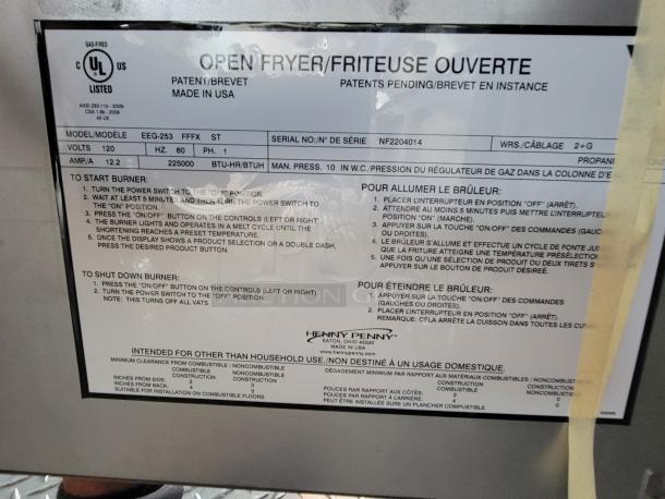 Auction image of a Henry Penny open fryer label, model EEG-253, features operational instructions and safety information.