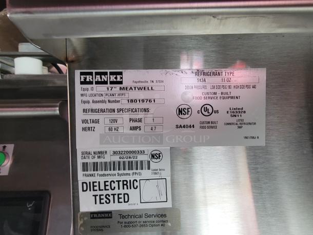 Franke 17" Meatwell, serial number 303220000333, custom-built food service refrigerator. Voltage: 120V, Phase: 1.