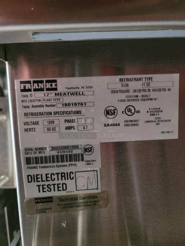 Franke 17" Meatwell food service equipment label, model #18019761, 120V, 4.7A, refrigerant 513A. NSF certified.