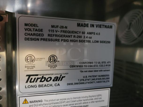 Turbo Air MUF-28-N Refrigerator label; model details, voltage, refrigerant info; Intertek certification marks. Made in Vietnam.