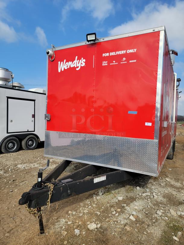 Red Wendy's delivery trailer, "For Delivery Only," features logos for Uber Eats, DoorDash, Postmates, Grubhub. Excellent condition.