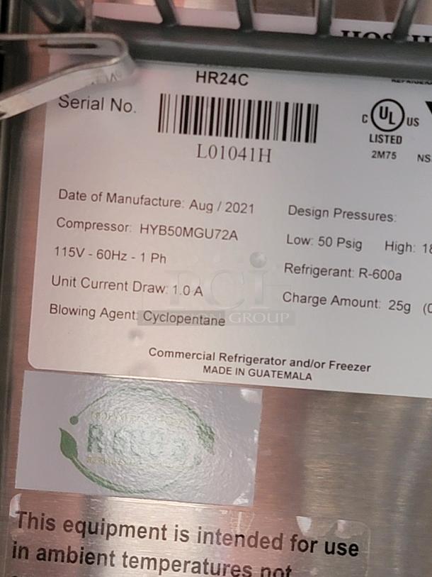 Label on commercial refrigerator, model HR24C, serial L01041H. Made in Guatemala, uses R-600a refrigerant.