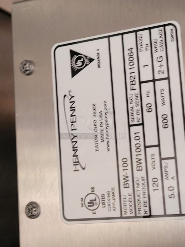 Henny Penny cooling appliance label, model BW-100, serial FB2110064, 120 volts, 600 watts. Made in USA.