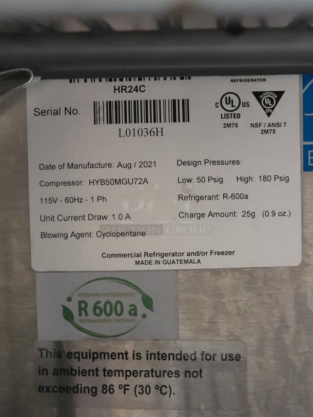 Commercial refrigerator, model HR24C, serial L01036H, manufactured Aug 2021. Features R-600a refrigerant. Made in Guatemala.