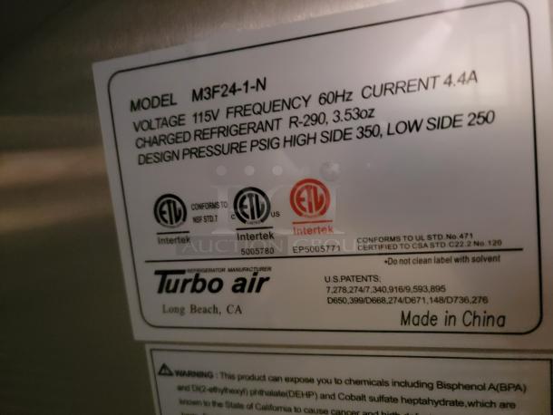 Turbo Air refrigeration unit label, Model M3F24-1-N. Voltage 115V, Frequency 60Hz, Current 4.4A. Made in China.
