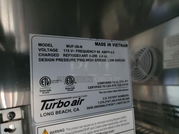 Turbo Air refrigerator label, Model MUF-28-N, shows specs: 115V, 60Hz, 4.5 Amps, R-290 refrigerant, made in Vietnam.