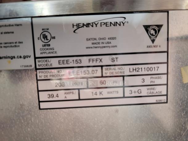 Henny Penny cooking appliance label, model EEE-153, serial LH2110017, 208 volts, 14k watts, 3 phase, used condition.