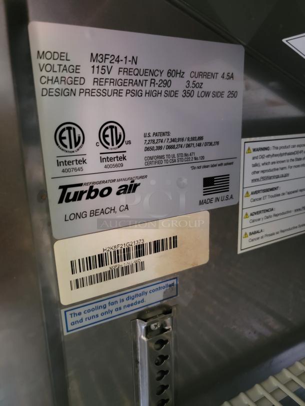 Turbo Air model M3F24-1-N refrigeration unit label, 115V, R-290 refrigerant, ETL certified, digitally controlled fan.