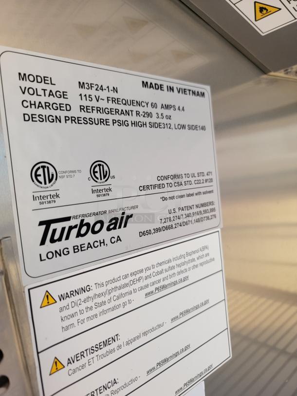 Turbo Air refrigerator label, model M3F24-1-N, 115V, 60Hz, uses R-290 refrigerant. UL certified. Made in Vietnam.