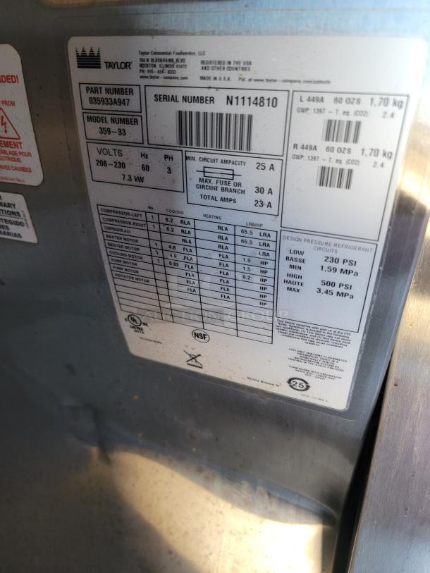 Taylor commercial equipment label showing model 359-33, serial N1114810, 208-230V, 25A, made in USA.