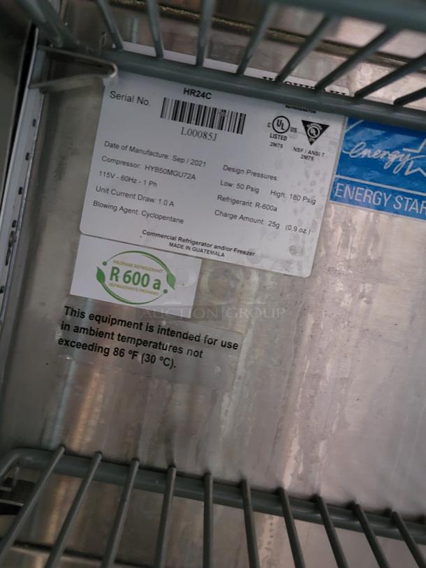 Commercial refrigerator model HR24C with R-600a refrigerant. Manufactured Sep 2021. Energy Star certified.