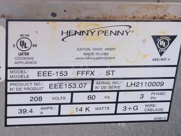 Henny Penny cooking appliance label; Model EEE-153 FFFX ST, Serial LH2110009, 208V, 60Hz, 14KW, 3 Phase, made in USA.