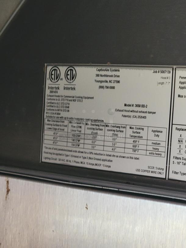 Exhaust hood by CaptiveAire Systems, Model 3650 BD-2, Job #5007139. Certified for commercial cooking use.