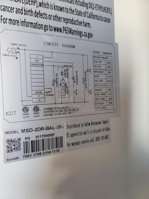 Close-up of model MSD-2DR-BAL-35 circuit diagram and specifications. Labels show ETL and NSF certifications, distributed by KaTom.