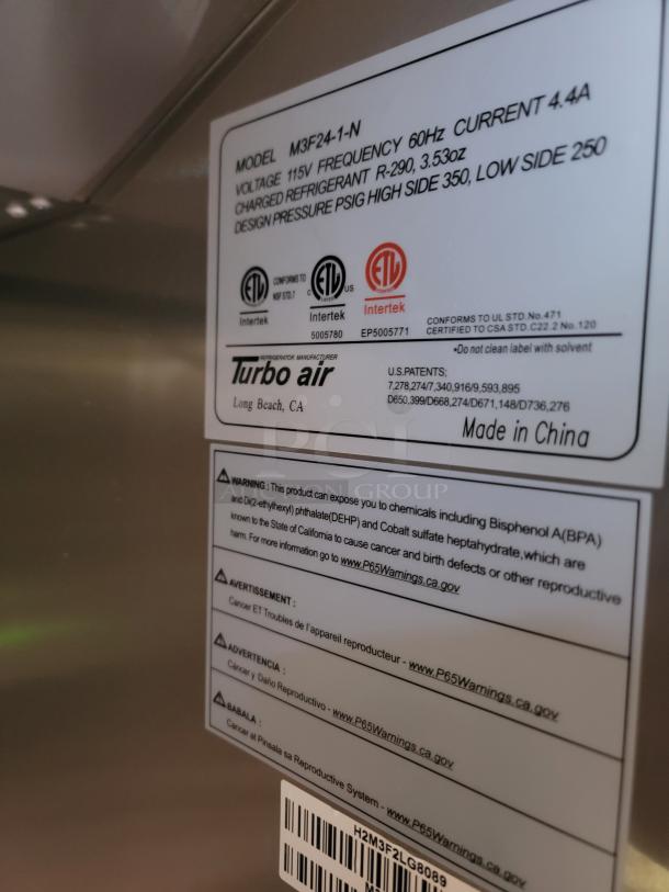 Turbo Air model M3F24-1-N refrigeration unit label, 115V, 60Hz, R-290 refrigerant, ETL certified, warning for chemical exposure.
