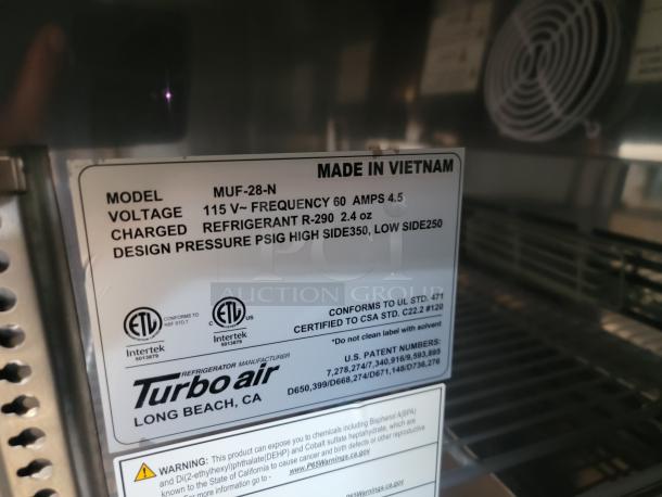 Turbo Air refrigerator label, model MUF-28-N, showing specifications: 115V, 60Hz, 4.5 Amps, R-290 refrigerant. Made in Vietnam.