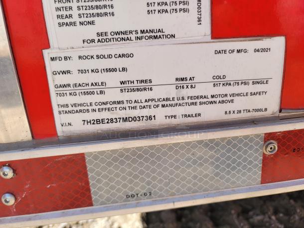 Rock Solid Cargo trailer label, stating 7031 kg GVWR, 8.5 x 28 size, manufactured 04/2021, VIN 7H2BE2837MD037361.