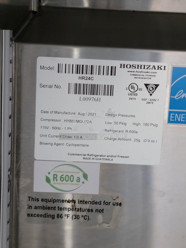 Hoshizaki HR24C commercial refrigerator label showing model, serial number, and specifications, made in 2021, using R-600a refrigerant.