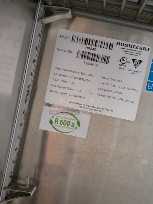 Hoshizaki commercial refrigerator, Model HR24C, serial L00401C. Made in 2021, uses R-600a refrigerant.