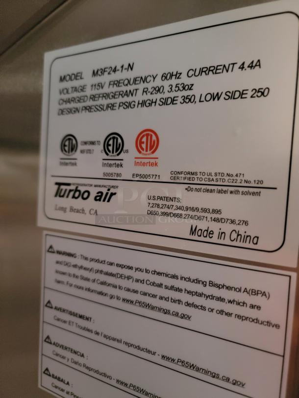 Label of Turbo Air model M3F24-1-N refrigerator. Voltage 115V, frequency 60Hz. Made in China. Contains ETL certifications.