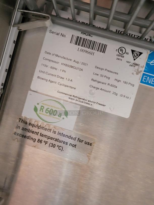 Commercial refrigerator label, model HR24C, serial L00966H. Made in August 2021, uses R-600a refrigerant.