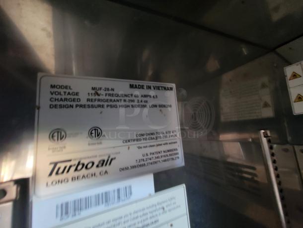 Turbo Air Model MUF-28-N panel, 115V, 60Hz, R-290 refrigerant, made in Vietnam, with electrical and pressure details.
