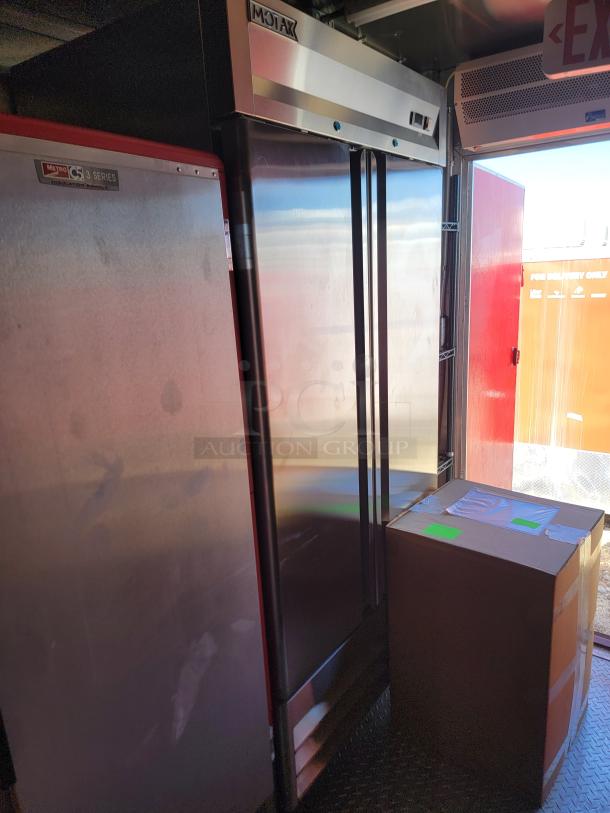 Stainless steel MoTak double-door commercial refrigerator and Metro C5 3 Series warming cabinet, good condition.
