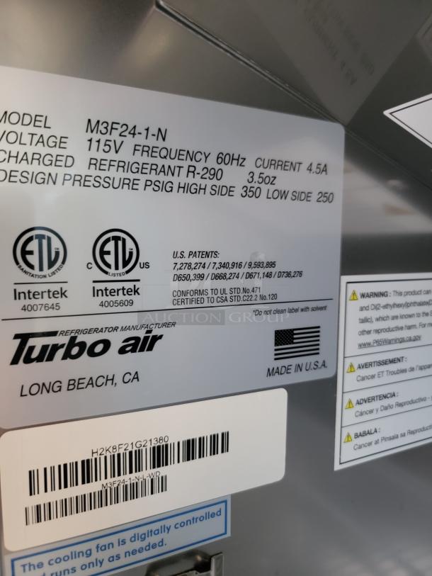 Turbo Air refrigerator, model M3F24-1-N, 115V, 60Hz, R-290 refrigerant, 3.5oz. Made in USA. Labels display certifications and warnings.