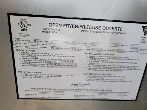 Henny Penny open fryer, model EEG-253 FFFX, gas-fired, 120 volts, 225,000 BTU, made in USA, serial NF2204017.