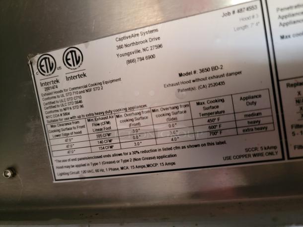 CaptiveAire Model 3650 BD-2 label. Exhaust hood without damper, suitable for heavy-duty commercial cooking equipment.