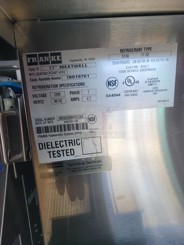 Franke Meatwell refrigeration unit label, 17", 120V, custom-built food service equipment, dielectric tested, NSF certified.