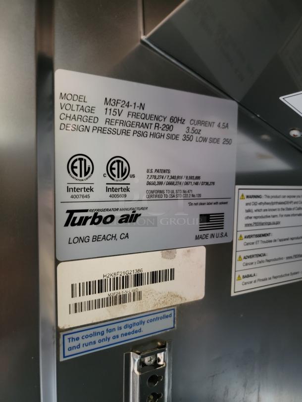 Turbo Air refrigerator label, Model M3F24-1-N, 115V, R-290 refrigerant, 350/250 PSIG, ETL listed, made in USA.